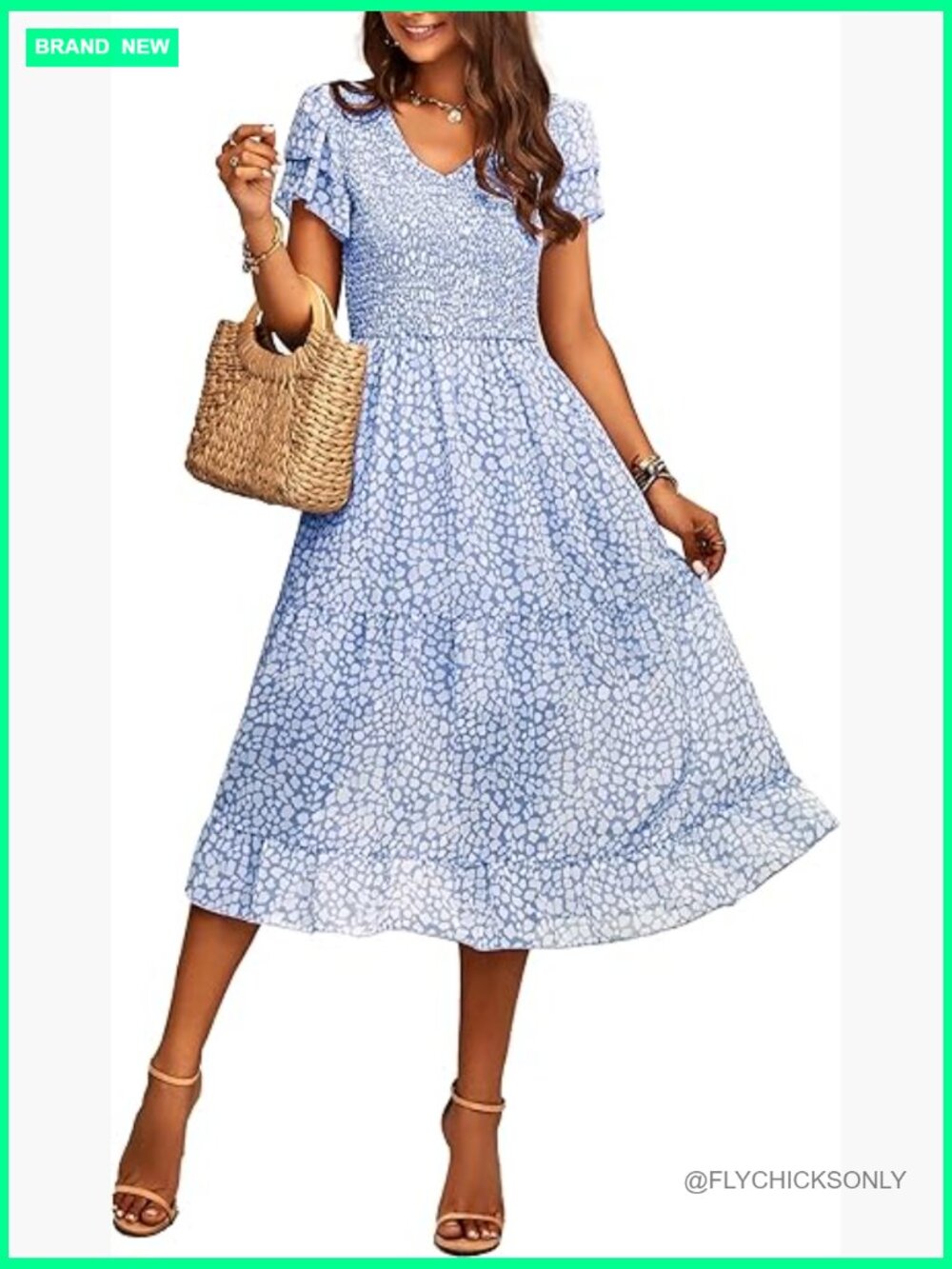 Polyester Chiffon Midi Dress With Ruffle Sleeves And Smocked Bodice
